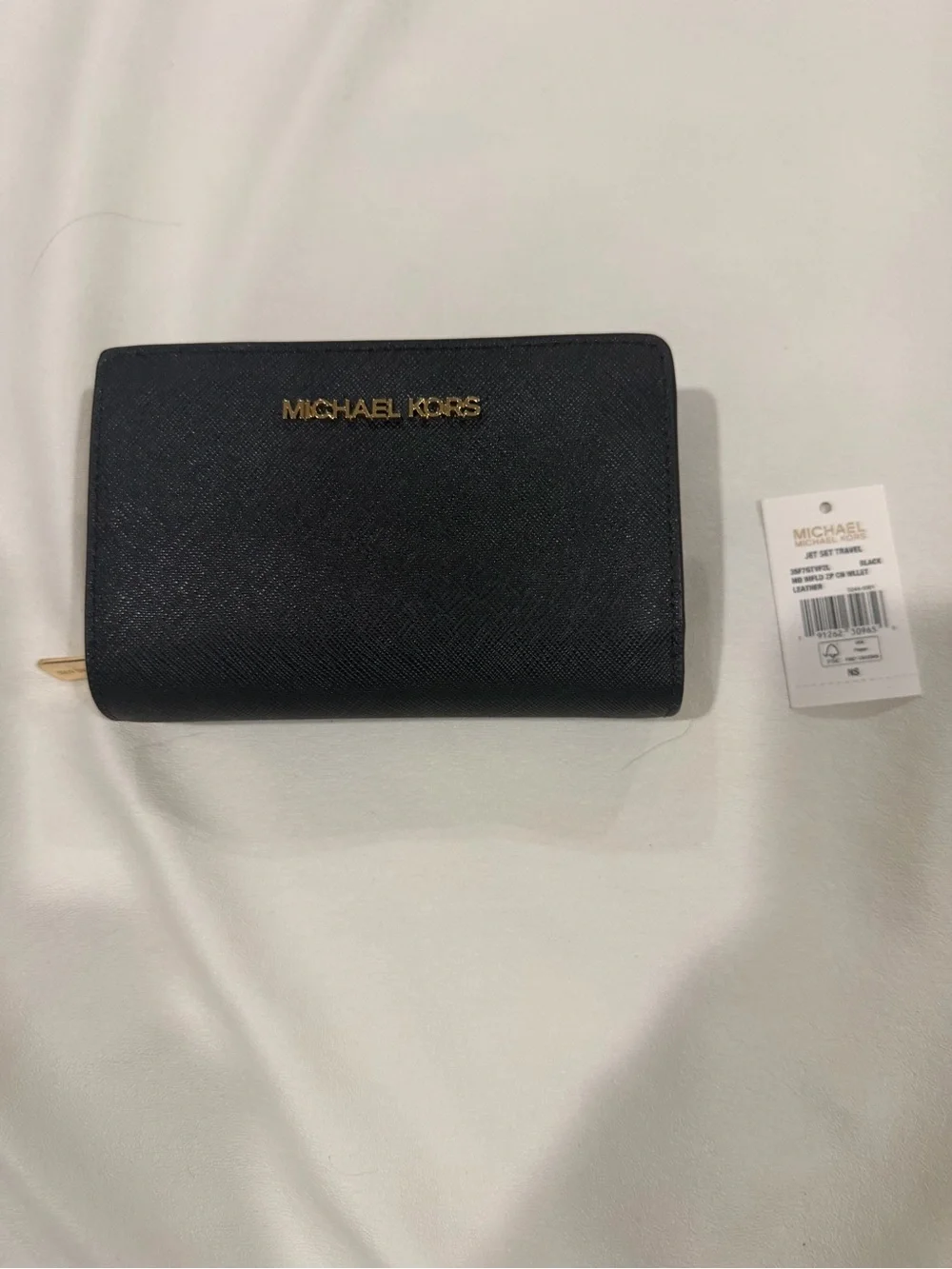 Michael Kors Black Saffiano Zip Wallet with Gold Logo